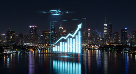 Futuristic cityscape with glowing financial growth chart and drone