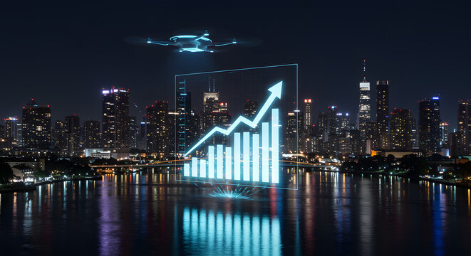 Futuristic cityscape with glowing financial growth chart and drone - Powered by Adobe