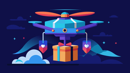 Illustration of a drone carrying a gift box with hearts in a stylized night sky background scene