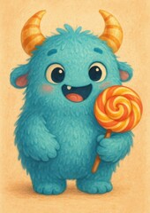 Naklejka premium Cute blue monster holding lollipop