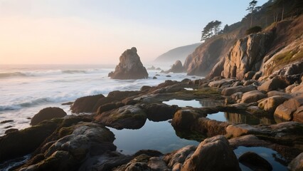 Rocky Coastal Scene with Tidal Pools and Ocean Waves at Sunset