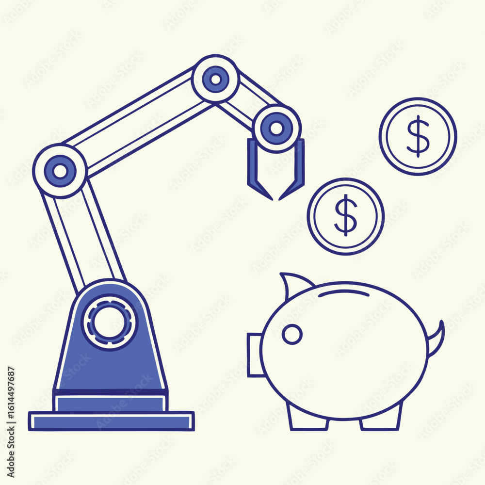 Poster flat minimal robot arm placing coins in a digital.