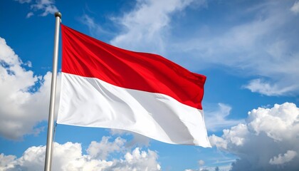 Indonesian flag waving in the wind against a bright blue sky with clouds. Symbol of pride, patriotism, and national spirit.