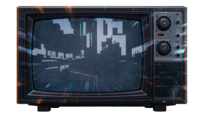 Retro TV Screen with Cityscape Glitch Effect. Vintage, futuristic, and cyberpunk design for technology, digital art, and nostalgic themes.