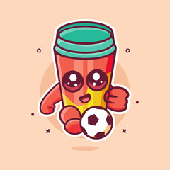 happy water tumbler character mascot playing football isolated cartoon