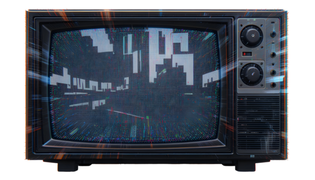 Retro TV Screen with Cityscape Glitch Effect. Vintage, futuristic, and cyberpunk design for technology, digital art, and nostalgic themes.