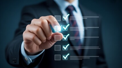 Businessman checking off items on a digital list hand