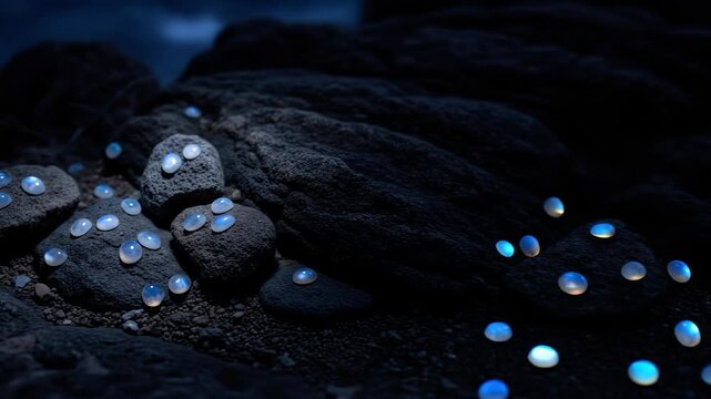 Moonstones scattered on dark rocks, mystical gems on a dark surface, unique stones, gems, mineral stones, magical light, gemstone texture, rock formations.