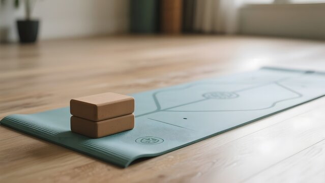 Yoga mat with alignment lines and two stacked blocks on a wooden floor