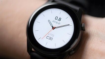 Close-up of a smartwatch displaying a minimalist digital interface on a wrist