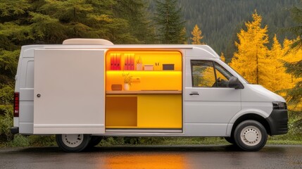 Mobile van with bright yellow interior.