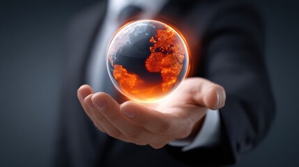 A glowing digital globe with illuminated continents is held above an outstretched hand, symbolizing global connectivity and technology.