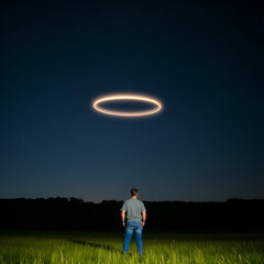 Man stands in a field at night, observing a large, glowing, circular unidentified flying object hovering in the starry sky above a distant treeline