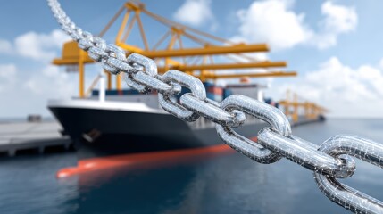A close-up of a heavy metallic chain securing a ship docked at a harbor, with cranes and a clear sky in the background.