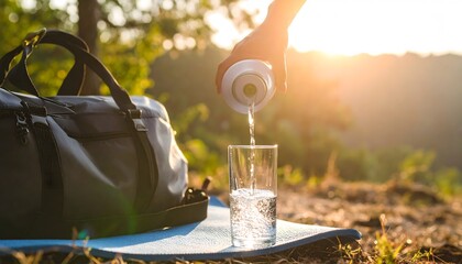 Close-up of a woman pouring water into a glass after workout. Healthy lifestyle, hydration, and fitness concept.