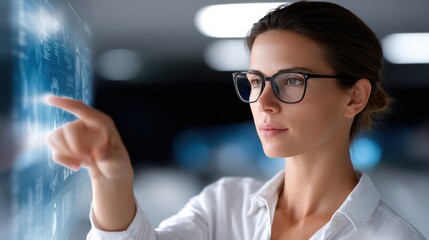 A focused woman wearing glasses interacts with a futuristic transparent touchscreen interface in a high-tech environment.