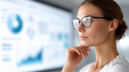 A thoughtful woman wearing glasses analyzes data charts on a blurred digital screen in a modern office setting.