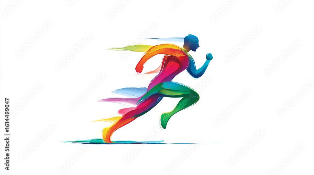 Poster a vibrant illustration of a running figure in motion with colorful brushstroke effect design