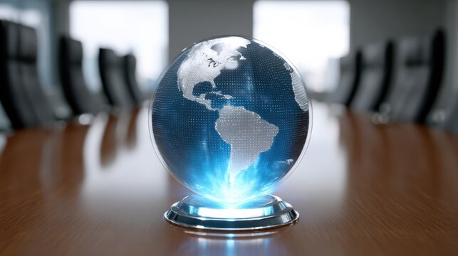 A glowing holographic globe of the Americas is displayed on a conference table in a modern office setting.