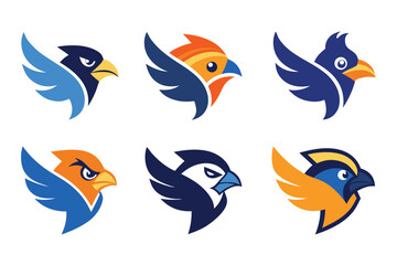 Vector art of a group of colorful bird head logos with wings isolated on white background