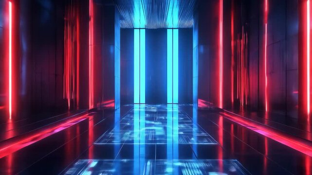 Futuristic corridor with red and blue neon lights and reflective floor