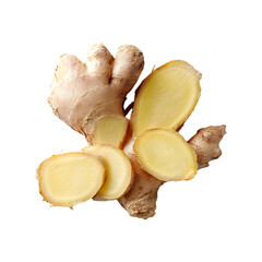 Fresh ginger root with slices showing vibrant yellow interior and textured brown skin isolated on transparent background