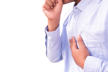 the gesture of a man coughing with his hand over his mouth and holding his isolated chest against a transparent background