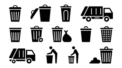 Collection of trash cans recycling bins and garbage trucks icons