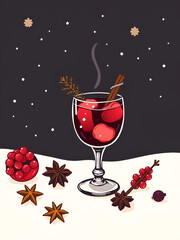 Christmas gluhwein vector, winter warm red mulled wine drink and spices, spicy wine cocktail beverage doodle vector