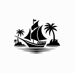 Minimalist Black Vector Logo of Phinisi Ship and Island Silhouettes Isolated on White Background