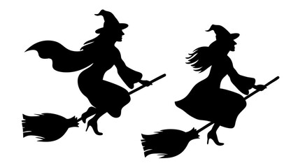 Set Of Flying Witch Silhouettes on Broomsticks