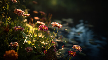 A view of pink and orange daisy flowers in a garden with a dark background and sunlight glow