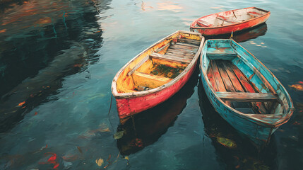 Fototapeta premium Three small rowboats floating on dark water with reflections and visible wooden planks inside