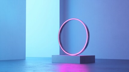 Minimalist, vibrant, neon display podium with a circle