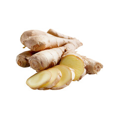 Fresh ginger root and slices with a vibrant yellow interior and light brown skin isolated on transparent background