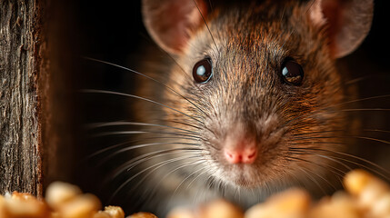 Close up of a brown rat eating crumbs rodent pest control house mouse infestation home unwanted animal