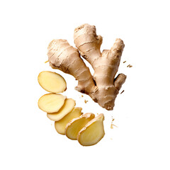 Fresh ginger root and slices with visible texture and fibers isolated on transparent background for culinary use