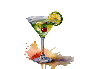 Watercolor illustration of a classic martini cocktail. Cocktail drink watercolor illustration on transparent background.