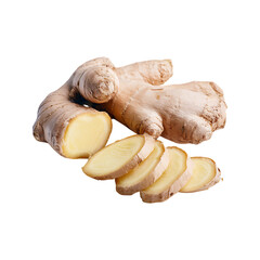Freshly sliced ginger root with a whole piece showcasing its vibrant yellow flesh and textured skin isolated on transparent background