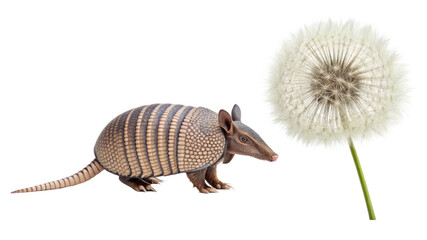 Armadillo animal and Dandelion flower isolated on transparent 
