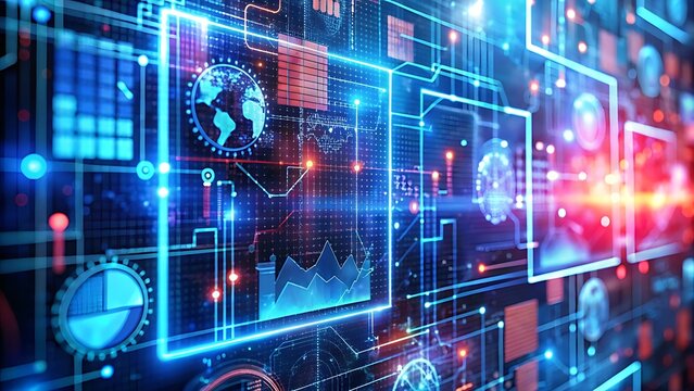 Futuristic Technology Interface with Global Data Charts and Electronic Circuitry
