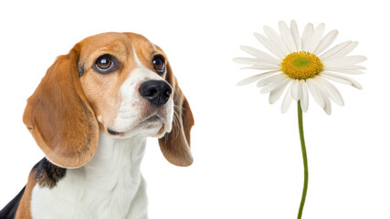 Beagle animal and Feverfew flower isolated on transparent