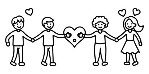 Group of diverse people holding hands expressing love and supporting a shared heart symbol