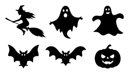 Set of Halloween silhouette collection elements on tranparent background