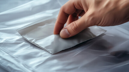Macro of man hand unpacking a white poly mailer courier.