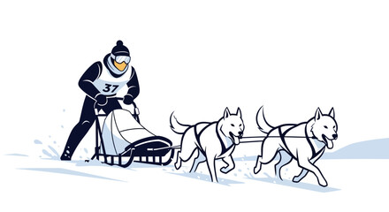 Dog sledding illustration. Musher and sled dogs running on snowy terrain during a race. Vector illustration.