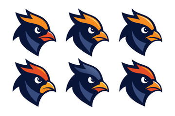 Vector art of a set of cardinal head logos presents a collection of determined and colorful mascots