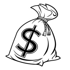 Black and white illustration of a money bag with a dollar sign