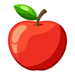 A vibrant red apple with a green leaf and brown stem