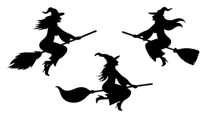 Set Of Flying Witch Silhouettes on Broomsticks